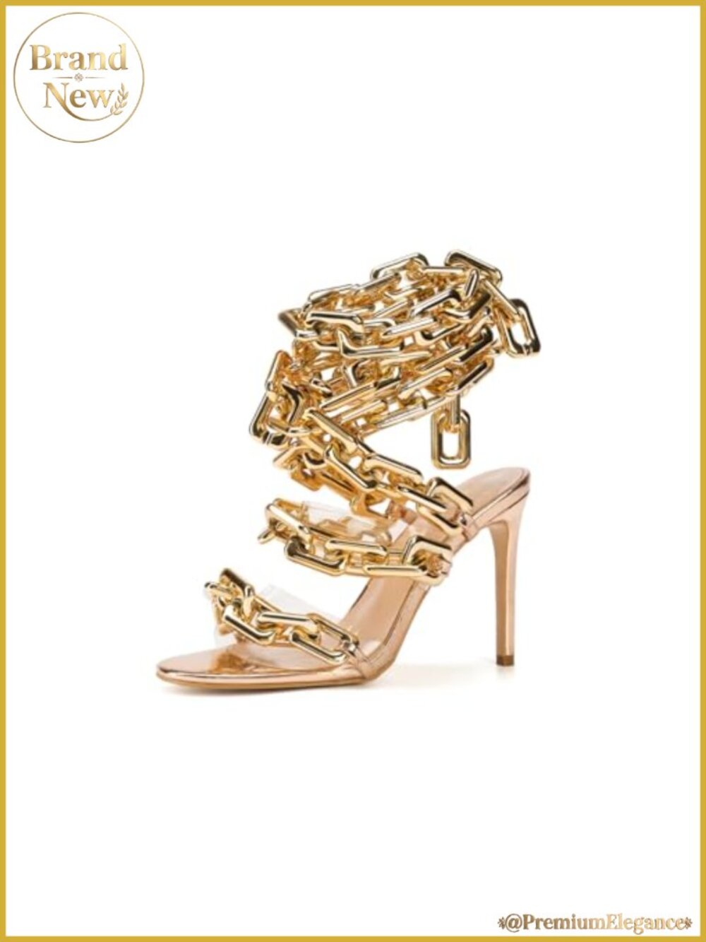 Luxury Women's Lace Up Gold Chain Link Clear PVC Stiletto Heeled Sandals